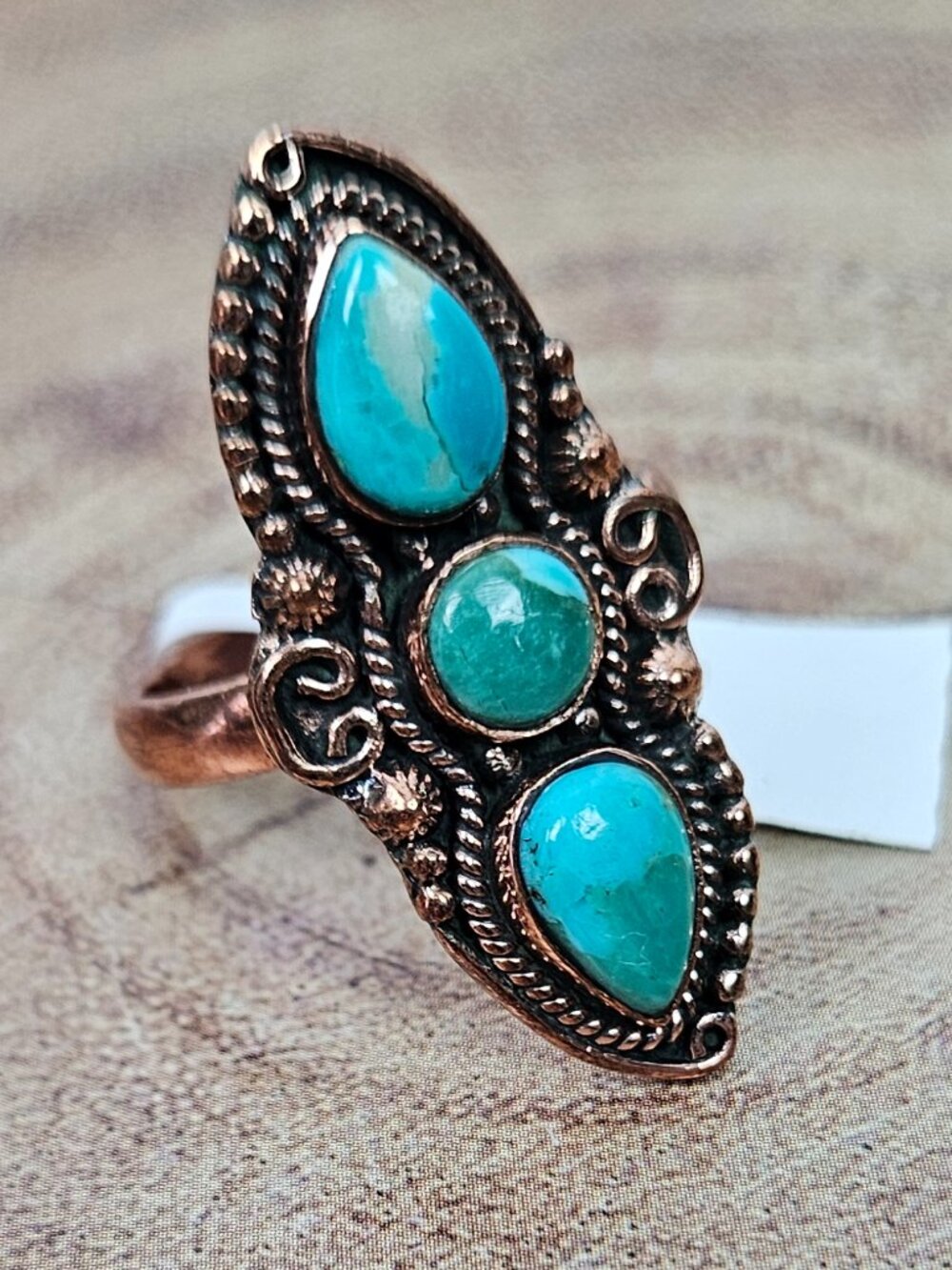 NWT Copper Kingman Mohave Turquoise 3 Stone Crawler Ring 10